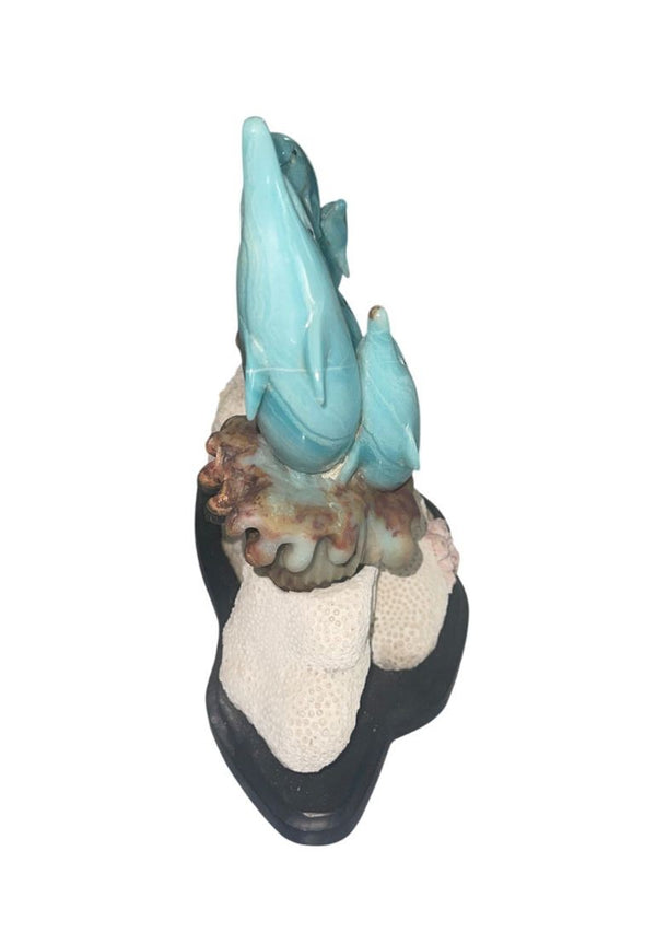 Blue Quartzite Dolphin Sculpture on Onyx Base, Brazil, Late 20th Century.