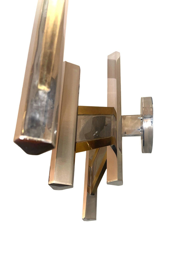 Pair Sciolari Chrome & Brass Geometric Wall Sconces, Late 20th Century.