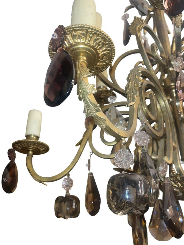 French Early 20th Century Brass and Bronze Chandelier w Mixed Cut Crystal Colors