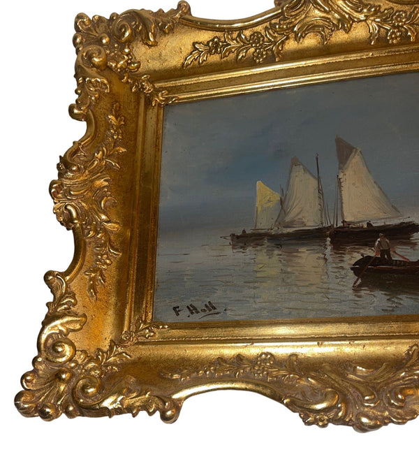 Set of Two 19th Century Antique Marine Oil Paintings in Gilt Frames