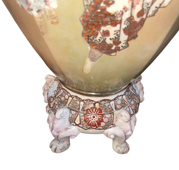 Large Antique Japanese Satsuma Earthenware Floor Vase Meiji Style, Early 20th C.