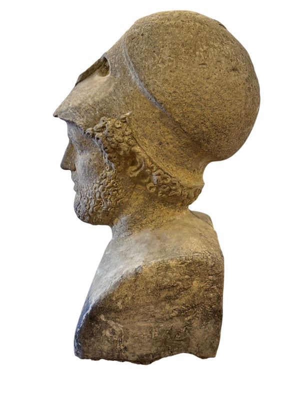 Carved Stone Bust of Pericles with Corinthian Helmet. Italy, 20th Century.