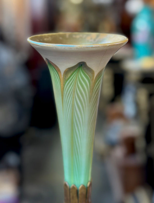 L.C. Tiffany Favrile Glass and Gilt Bronze Trumpet Vase, No. 1043