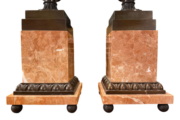 Pair of 19th Century French Bronze Urns on Marble Pedestals.
