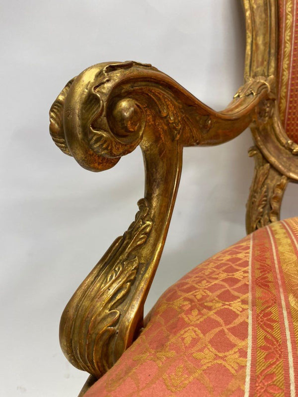 Pair of 20th Century Italian Hand-Carved Water Gilt Armchairs