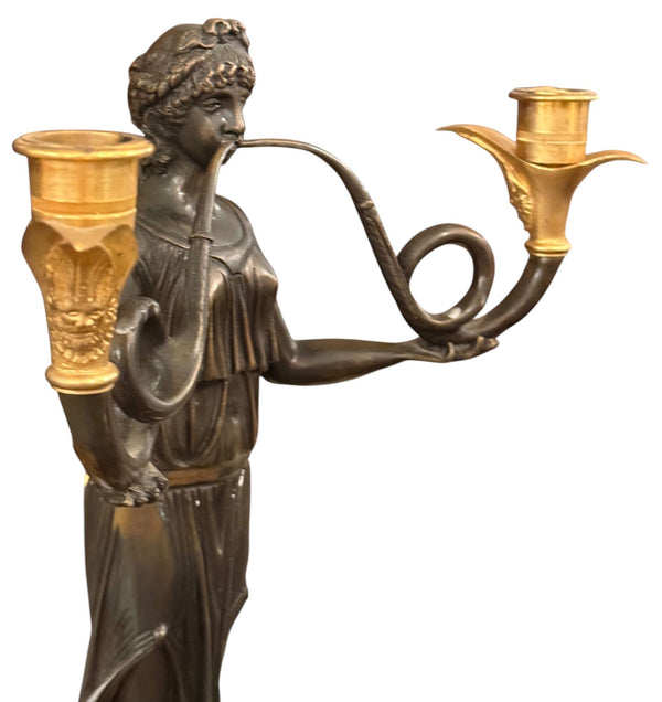Pair of French 19th Century Empire Style Bronze, Ormolu & Marble Candelabras.