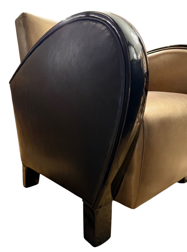 Pair of French Art Deco Gold and Black Leather Club Chairs