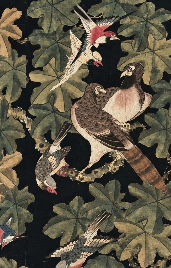 Oversized 19th C. Chinese Handpainted Hundred Birds Paying Homage to the Phoenix