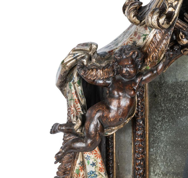 Late 18th Century Italian Venetian Hand Carved Wood Mirror w/ Putti & Drapery