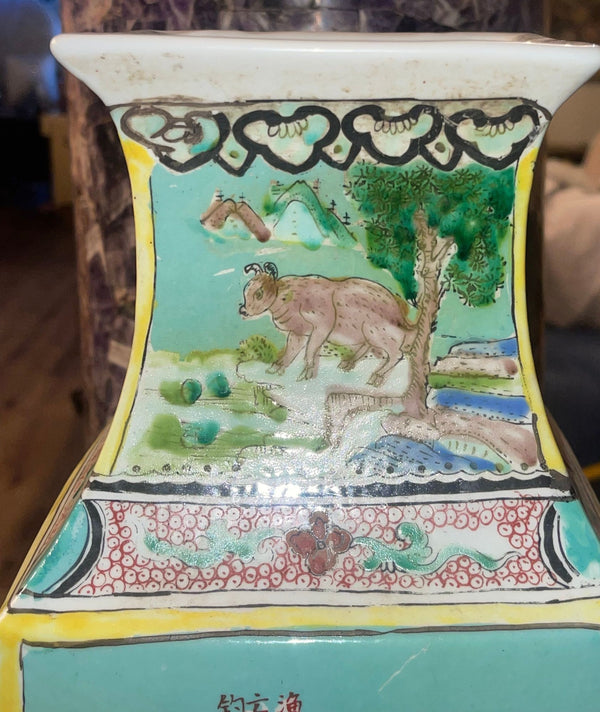 Pair of Early 20th Century Chinese Famille Verte Porcelain Vases w/ Kangxi Mark