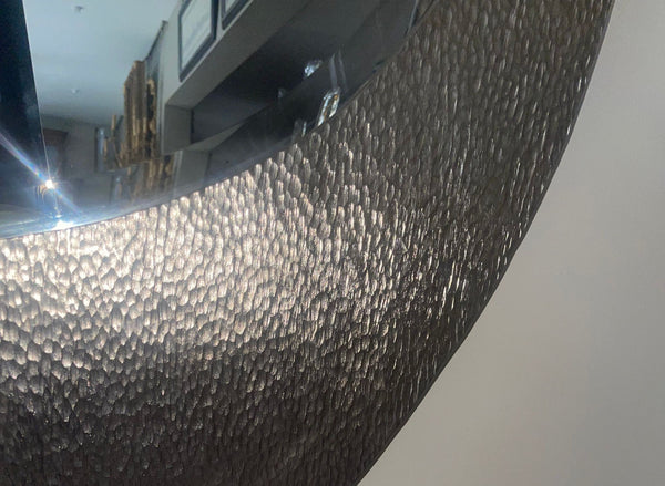 Pair of American Contemporary Hammered Metal Consoles with Mirrors & Marble Tops