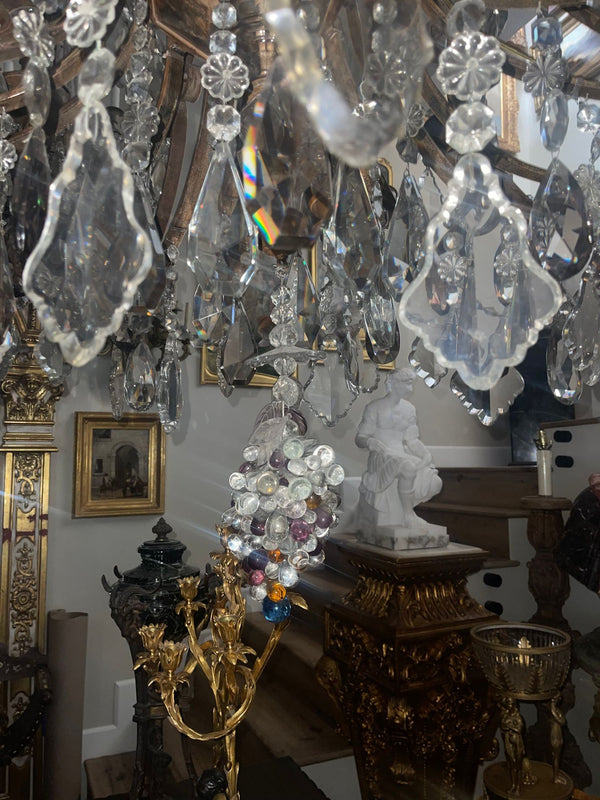Monumental Venetian Wrought Iron, Wood & Crystal Chandelier Early 19th Century