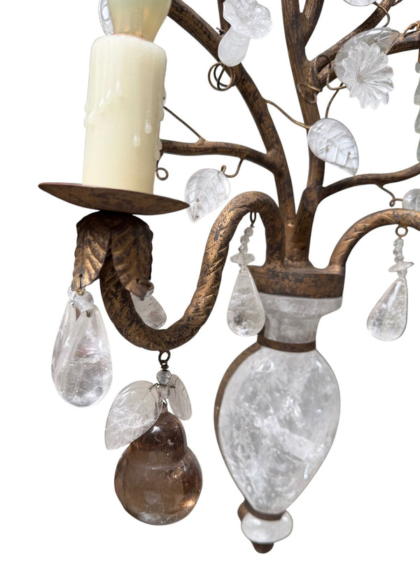 Pair French Baguès Style Rock Crystal, Smoky Quartz & Parrot Sconces, 1980's.