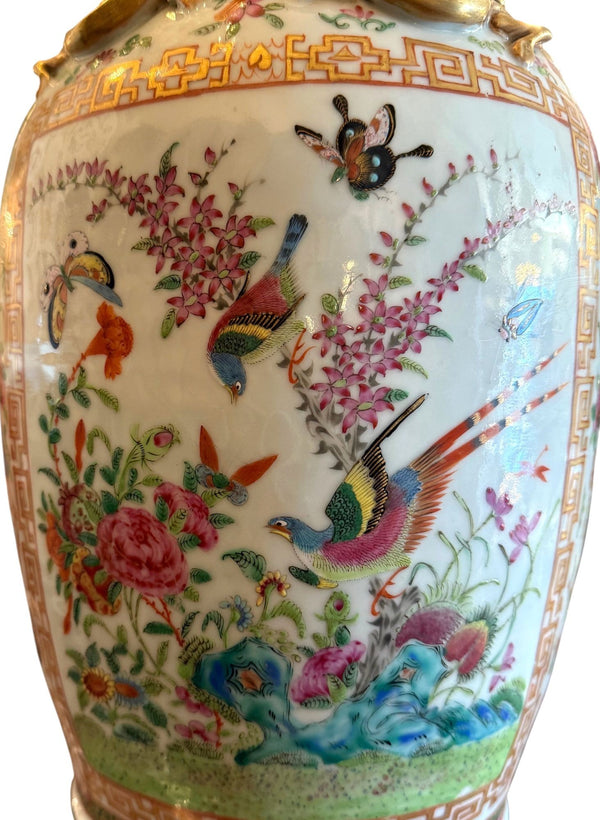 Pair of Late 19th Century Chinese Canton Rose Medallion Lamps