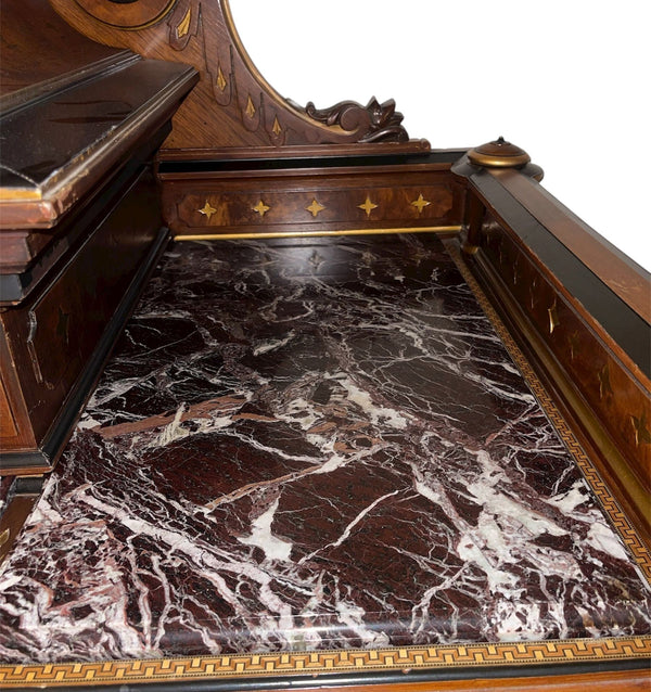 Late 19th C. French Renaissance Revival Cabinet w/ Relief Panels & Marble Tops.