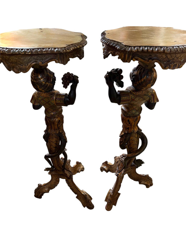 Pair of Mid-19th Century Italian Polychrome & Gilt Figural Pedestal Tables