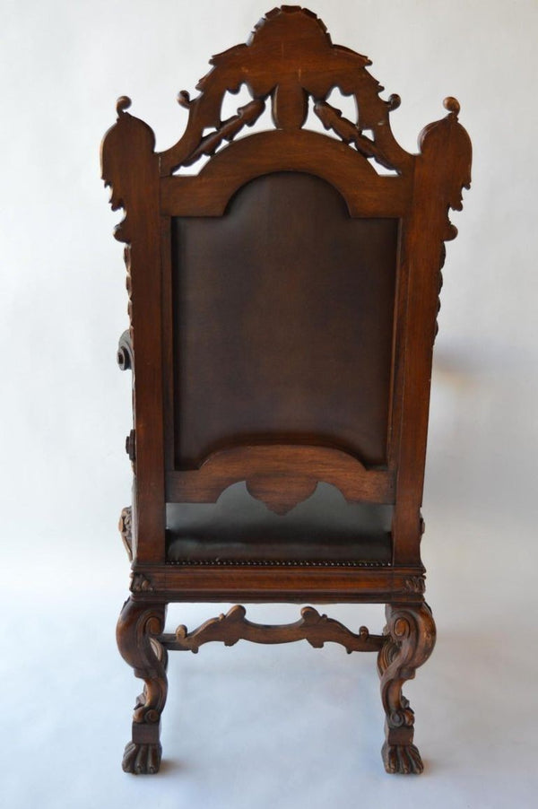 Mid-19th Century Italian Baroque Style Walnut & Leather Throne Chair