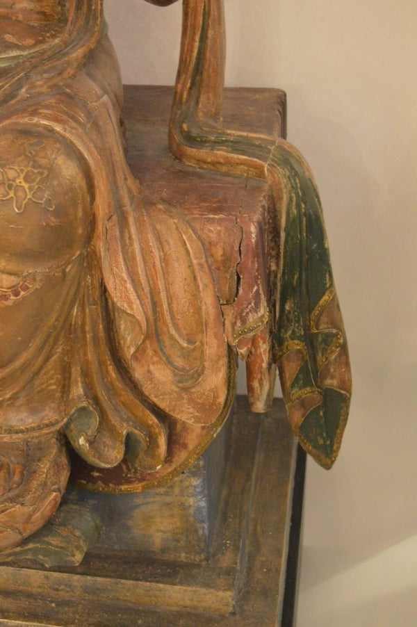 Large Chinese Hand-Carved Polychrome Wood Figure of Guanyin, Late 19th Century.