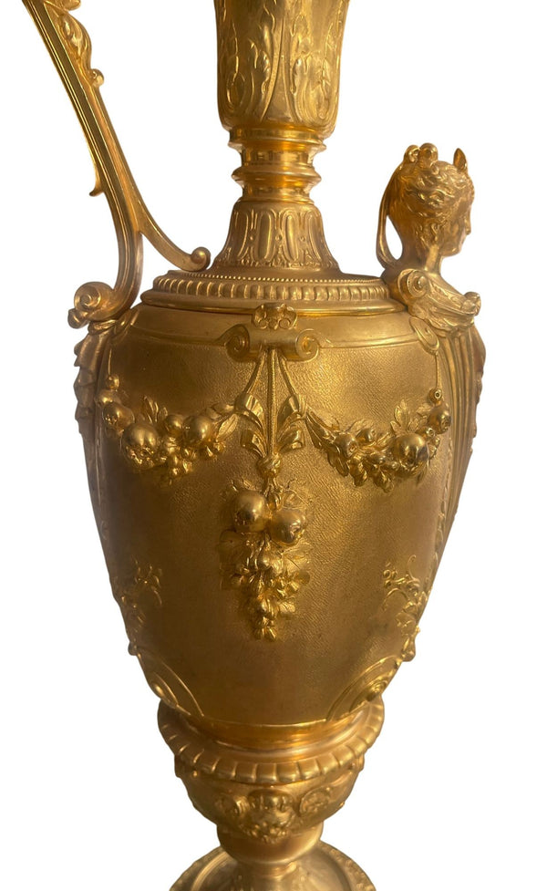 Pair of French Belle Époque Gilt Bronze Ewers on Marble Bases. Late 19th Century