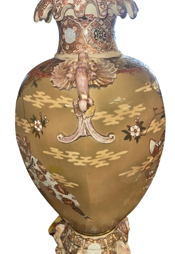 Large Antique Japanese Satsuma Earthenware Floor Vase Meiji Style, Early 20th C.