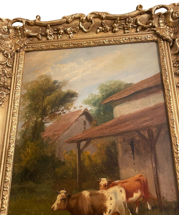 19th Century Italian Pastoral Cow Painting Signed by Vitolla