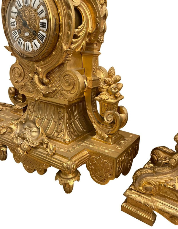 Large 19th Century French Doré Bronze Clock Garniture Marked Jules Graux, Paris.