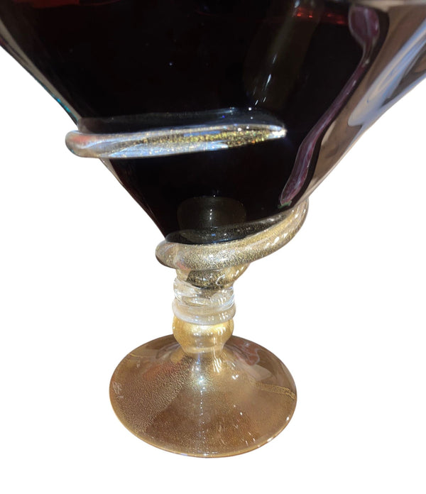 Dark Amethyst Murano Glass & Gold Fleck Glass Compote. Signed by Camozzo.