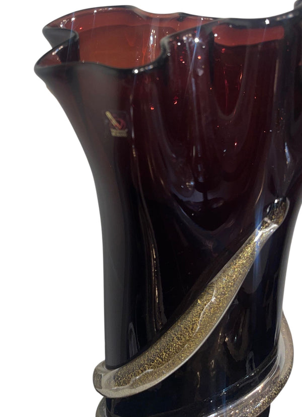 Signed Camozzo Dark Amethyst & Gold Fleck Murano Glass Vase. Italy, Late 20th C.
