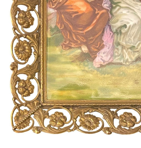 Pair French Limoges Porcelain Plaques in Ornate Gilt Metal Frames. Early 20th C.