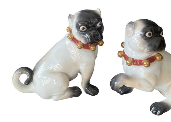 Pair of Large English Porcelain Pug Dog Figures, Early 20th Century