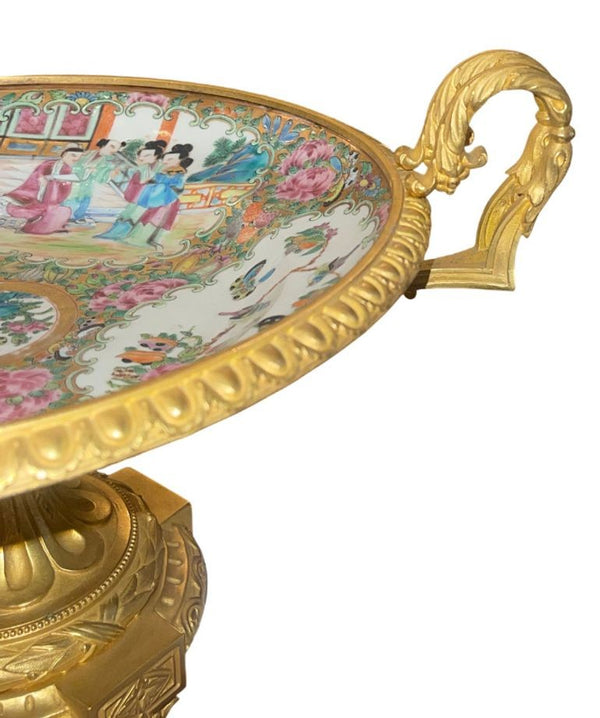 Late 19th C. French Gilt Bronze Mounted Chinese Famille Rose Centerpiece Tazza