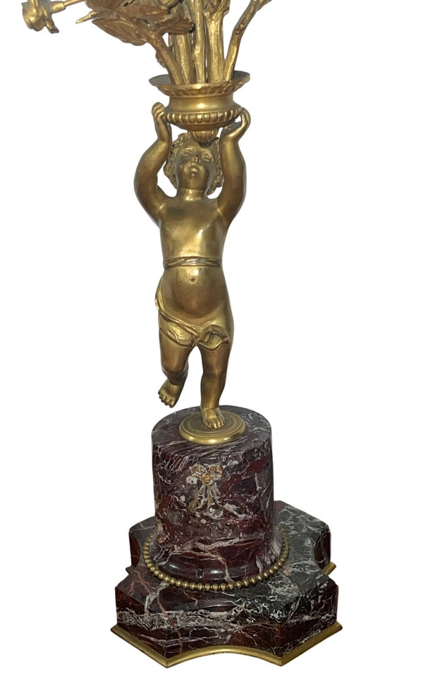 Pair of 19th Century Gilt Bronze Figural Putti Candelabras on Marble Base