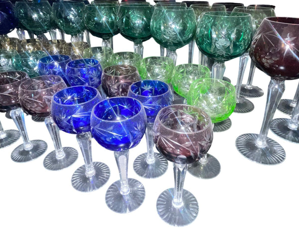 Set of Sixty Cut Crystal Colored Wine & Cordial Glasses. Czech Republic Mid-20th