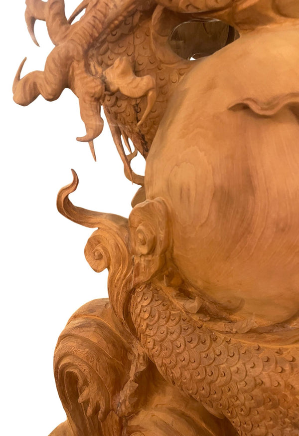 Large 20th Century Vietnamese Nhất Long Vờn Ngọc Dragon Pearl Wood Sculpture
