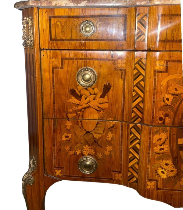 19th Century French Louis XV Style Inlaid Commode with Bronze & Marble Top.