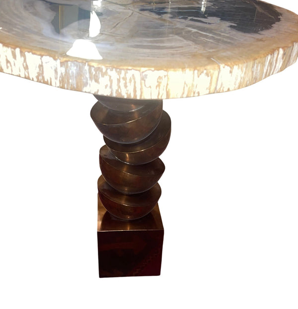 Pair Modern Petrified Wood Side Tables w/ Sculptural Metal Bases. Late 20th C.
