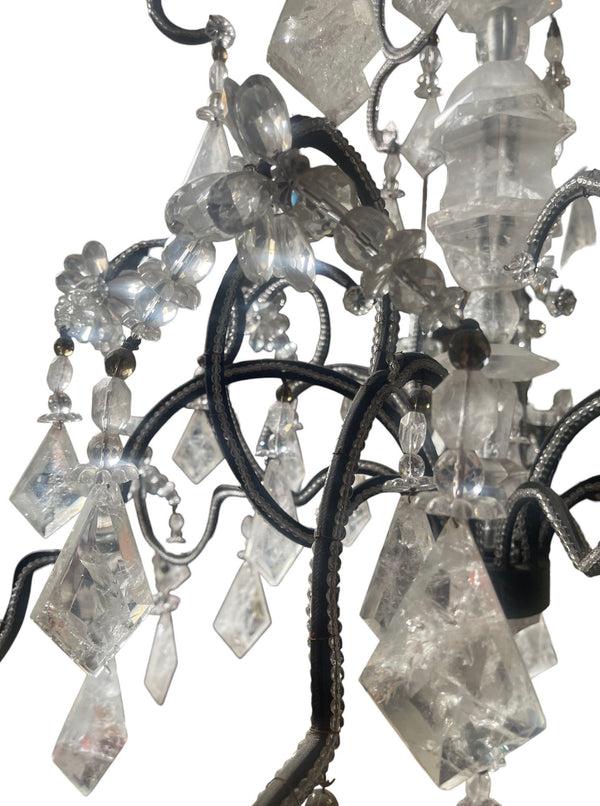 Elegant Italian Rock Crystal & Black Metal Chandelier. 20th Century.