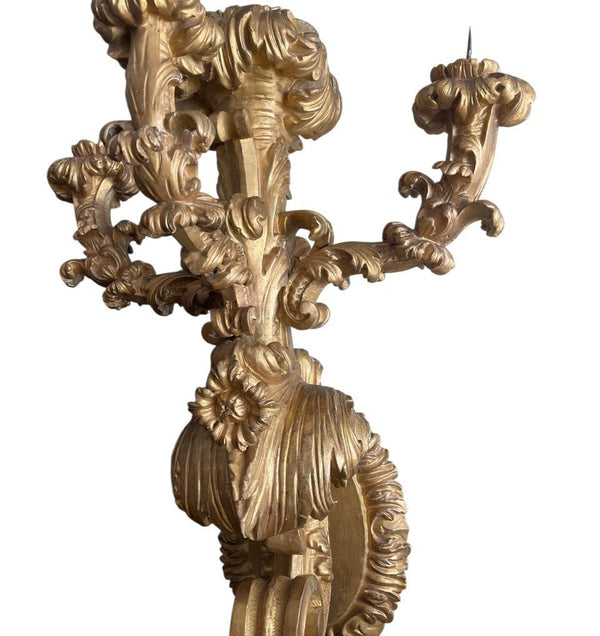 Rare Pair of Early 19th Century Italian Baroque Style Giltwood Wall Candelabras