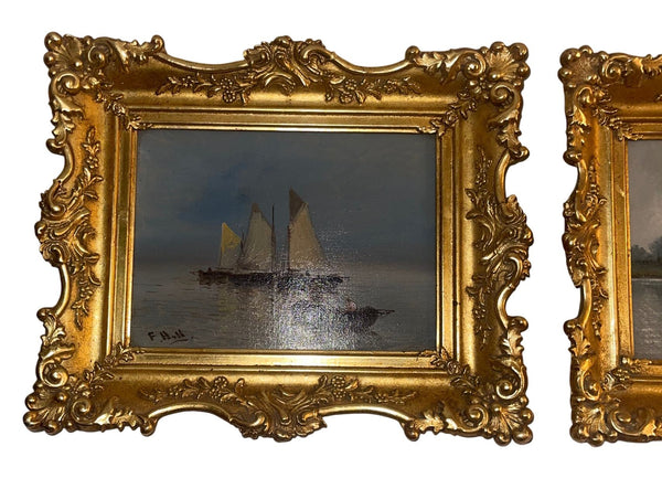 Set of Two 19th Century Antique Marine Oil Paintings in Gilt Frames