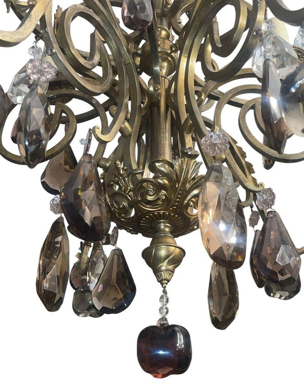 French Early 20th Century Brass and Bronze Chandelier w Mixed Cut Crystal Colors