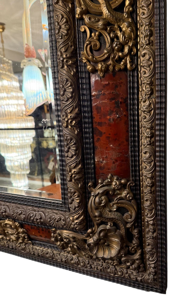 19th Century Flemish Repoussé Brass & Tortoiseshell-Pattern Mirror