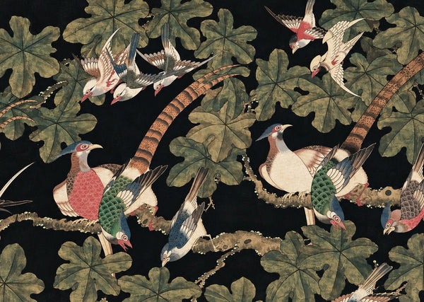 Oversized 19th C. Chinese Handpainted Hundred Birds Paying Homage to the Phoenix