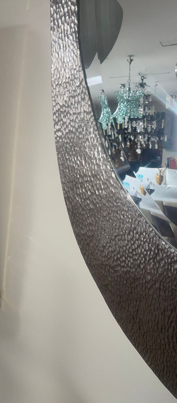 Pair of American Contemporary Hammered Metal Consoles with Mirrors & Marble Tops