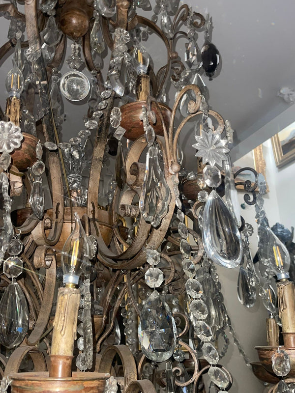 Monumental Venetian Wrought Iron, Wood & Crystal Chandelier Early 19th Century