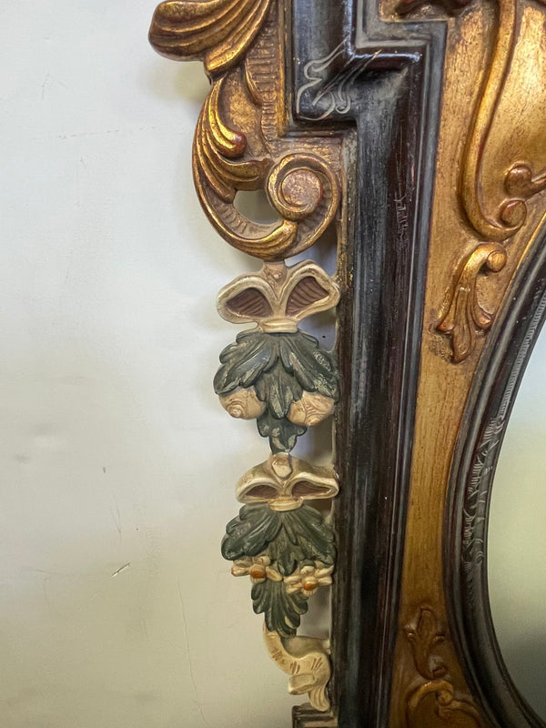 19th C. Carved Rococo-Style Black and Gold Mirror with Painted Hanging Garlands