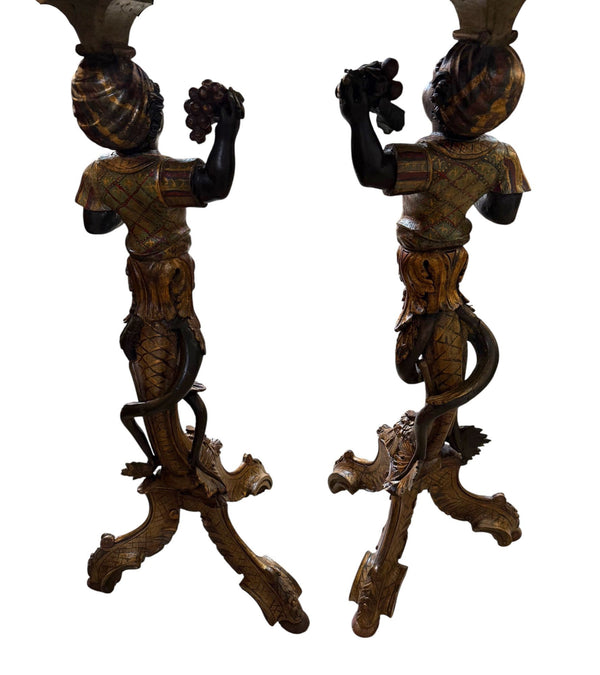 Pair of Mid-19th Century Italian Polychrome & Gilt Figural Pedestal Tables