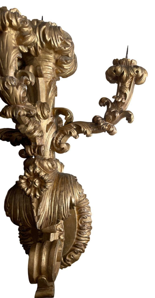Rare Pair of Early 19th Century Italian Baroque Style Giltwood Wall Candelabras