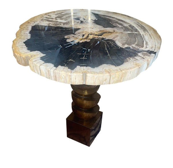 Pair Modern Petrified Wood Side Tables w/ Sculptural Metal Bases. Late 20th C.