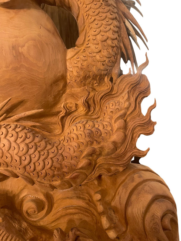 Large 20th Century Vietnamese Nhất Long Vờn Ngọc Dragon Pearl Wood Sculpture