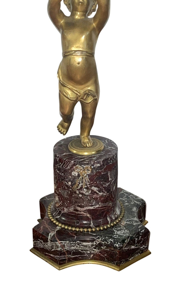 Pair of 19th Century Gilt Bronze Figural Putti Candelabras on Marble Base